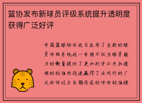 篮协发布新球员评级系统提升透明度获得广泛好评