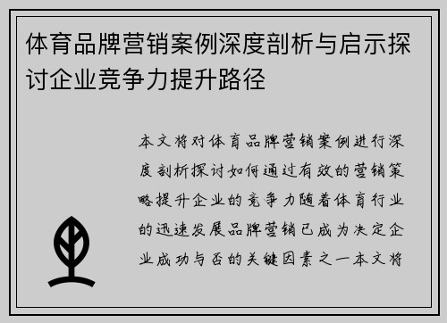 体育品牌营销案例深度剖析与启示探讨企业竞争力提升路径
